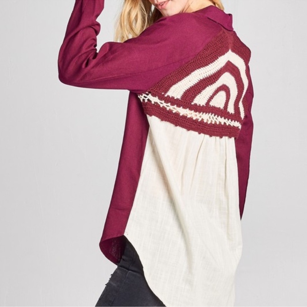 Oddy Boho Crochet Top Cotton Linen Button Back Size S